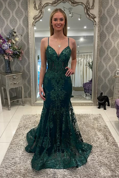 Shiny V Neck Mermaid Green Lace Long Prom Dress, Mermaid Green Formal Dress, Green Lace Evening Dress A2301