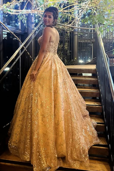Shiny V Neck Open Back Champagne Lace Sequins Long Prom Dress, Long Champagne Formal Graduation Evening Dress A2556