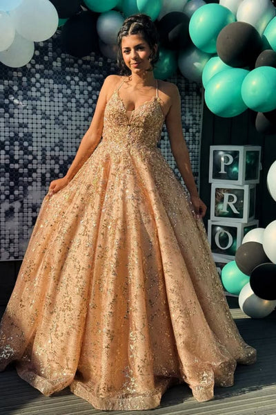 Shiny V Neck Open Back Champagne Lace Sequins Long Prom Dress, Long Champagne Formal Graduation Evening Dress A2556