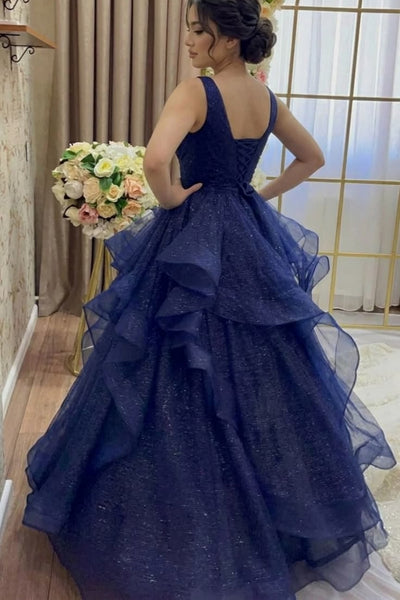 Shiny V Neck Open Back Navy Blue Tulle Long Prom Dress, Navy Blue Formal Graduation Evening Dress A2605