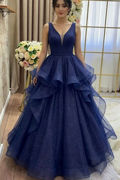 Shiny V Neck Open Back Navy Blue Tulle Long Prom Dress, Navy Blue Formal Graduation Evening Dress A2605