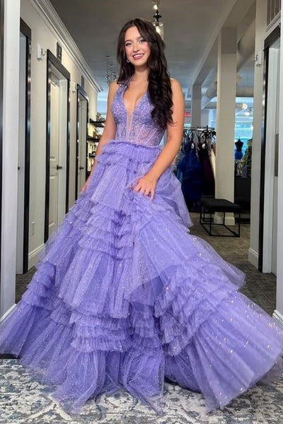 Shiny V Neck Ruffle Purple Lace Long Prom Dress with Slit, Purple Lace Formal Dress, Lilac Evening Dress A2565