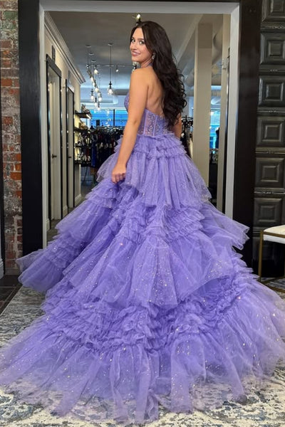 Shiny V Neck Ruffle Purple Lace Long Prom Dress with Slit, Purple Lace Formal Dress, Lilac Evening Dress A2565