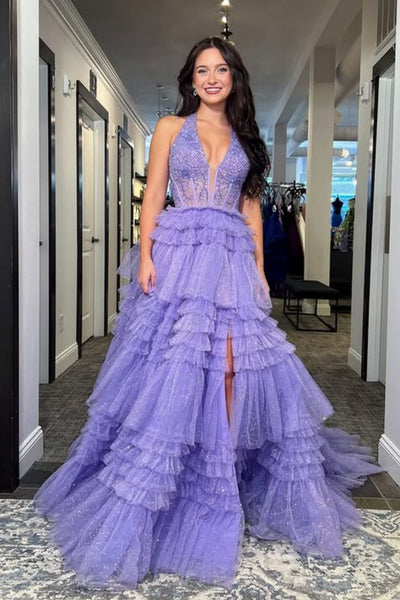 Shiny V Neck Ruffle Purple Lace Long Prom Dress with Slit, Purple Lace Formal Dress, Lilac Evening Dress A2565
