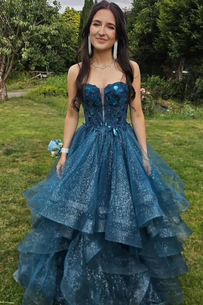 Shiny V Neck Strapless Peacock Blue Tulle Long Prom Dress with Sequins, Peacock Blue Formal Evening Dress A2553