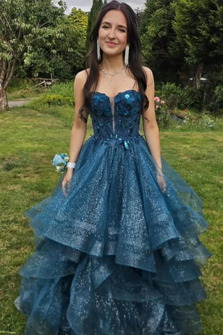 Shiny V Neck Strapless Peacock Blue Tulle Long Prom Dress with Sequins, Peacock Blue Formal Evening Dress A2553
