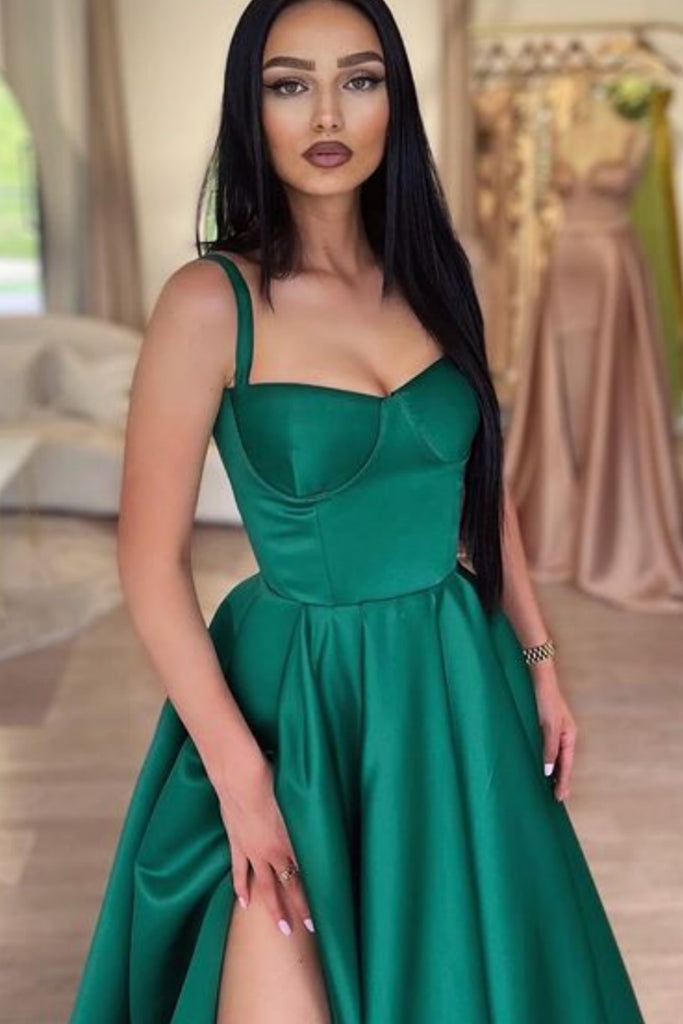Simple A Line Green Satin Long Prom Dress with High Slit, Long Green F abcprom Simple A Line Green Satin Long Prom Dress with High Slit, Long Green F abcprom