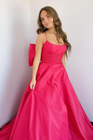 Simple A Line Hot Pink Satin Long Prom Dress with Butterfly Back, Long Hot Pink Formal Graduation Evening Dress A2156