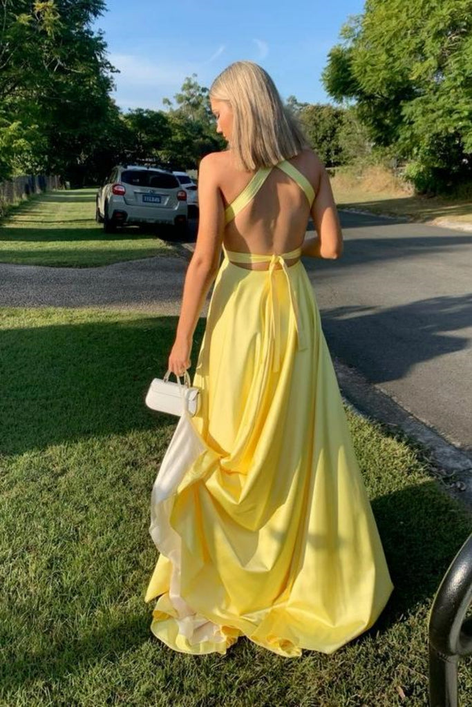 Simple A Line V Neck Backless Yellow Satin Long Prom Dress with High S abcprom Simple A Line V Neck Backless Yellow Satin Long Prom Dress with High S abcprom