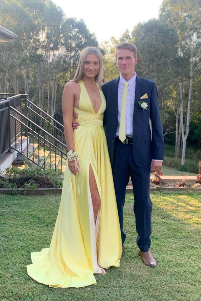 Simple A Line V Neck Backless Yellow Satin Long Prom Dress with High Slit, V Neck Yellow Formal Dress, Yellow Evening Dress A2381 Simple A Line V Neck Backless Yellow Satin Long Prom Dress with High Slit, V Neck Yellow Formal Dress, Yellow Evening Dress A2381