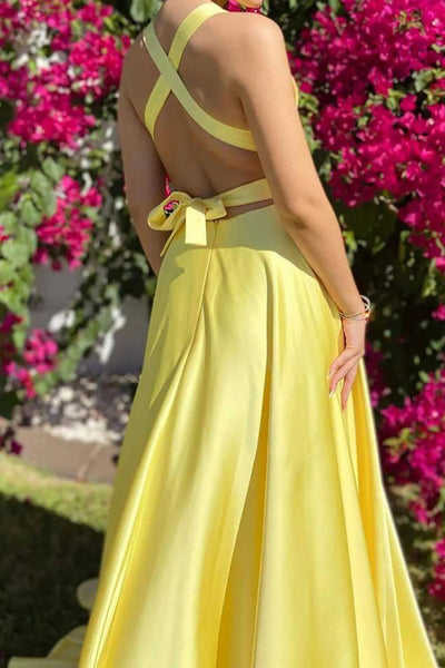Simple A Line V Neck Open Back Yellow Long Prom Dress with High Slit, Long Yellow Formal Graduation Evening Dress A2119