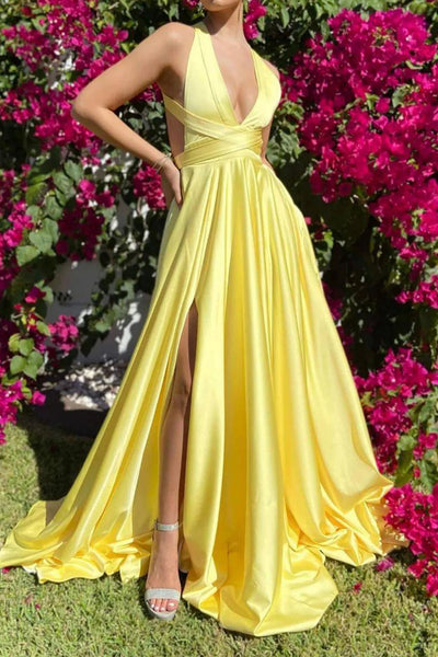 Simple A Line V Neck Open Back Yellow Long Prom Dress with High Slit, Long Yellow Formal Graduation Evening Dress A2119