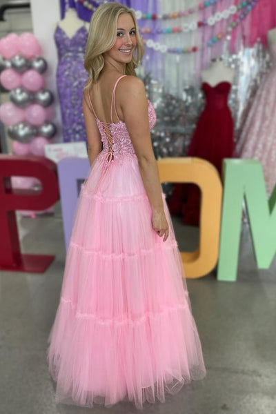 Simple A Line V Neck Pink Lace Long Prom Dress, Pink Lace Formal Graduation Evening Dress A2117