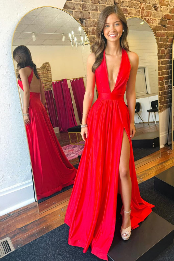 Simple A Line V Neck Red Satin Long Prom Dress with Slit, Long Red Formal Graduation Evening Dress A2333