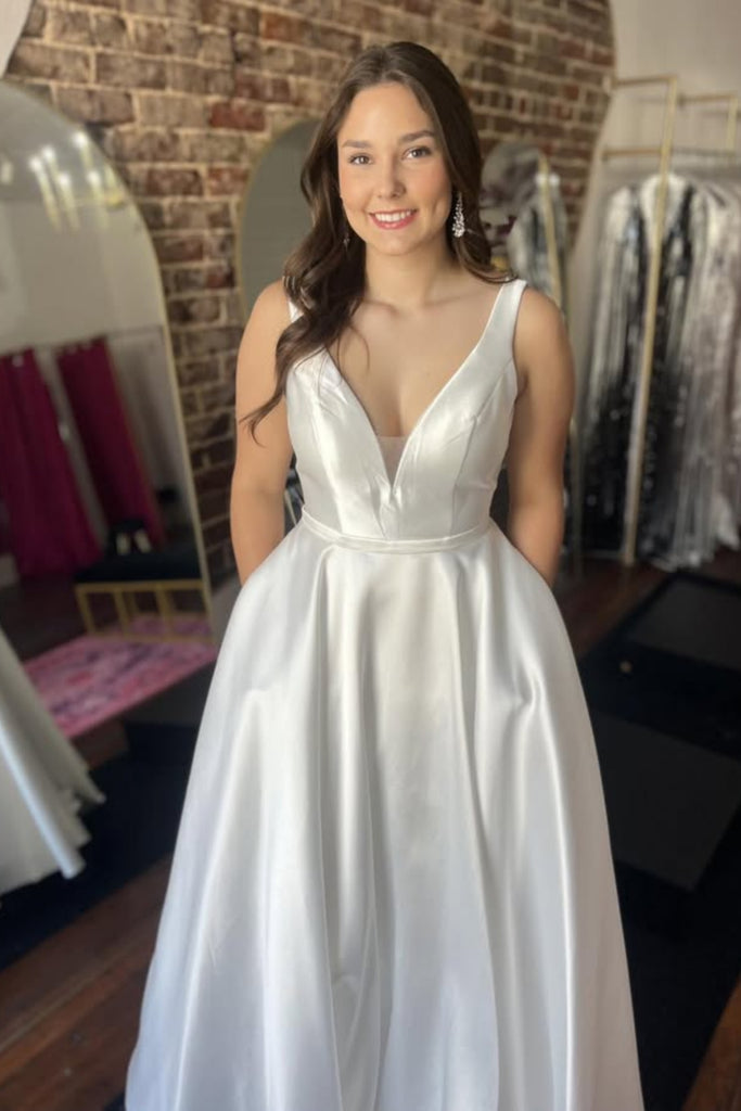 Simple A Line V Neck White Satin Long Prom Dress, White Formal Graduation Evening Dress A2501