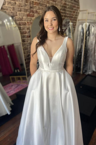 Simple A Line V Neck White Satin Long Prom Dress, White Formal Graduation Evening Dress A2501
