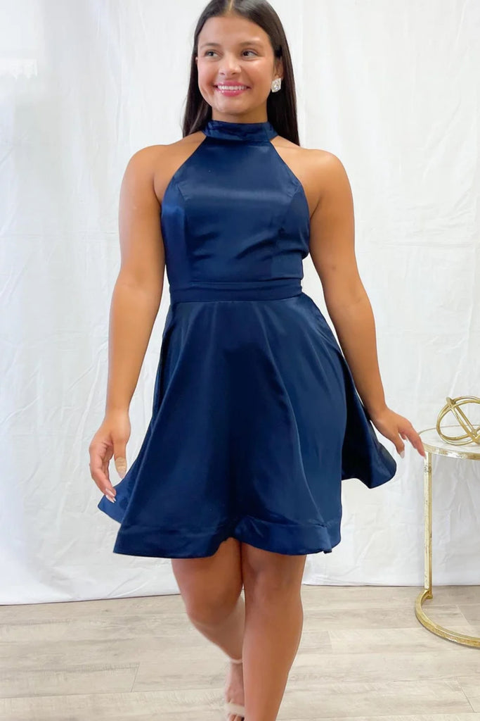 Simple Halter Neck Blue Satin Prom Dress, Short Blue Homecoming Dress, abcprom Simple Halter Neck Blue Satin Prom Dress, Short Blue Homecoming Dress, abcprom