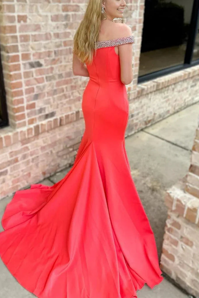 Simple Off Shoulder Mermaid Red Satin Long Prom Dress with Train, Long