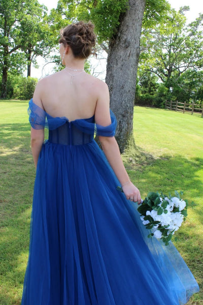 Simple Off the Shoulder Blue Tulle Long Prom Dress, Off Shoulder Blue Formal Dress, Blue Evening Dress A2469