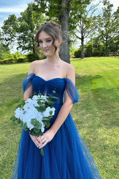 Simple Off the Shoulder Blue Tulle Long Prom Dress, Off Shoulder Blue Formal Dress, Blue Evening Dress A2469