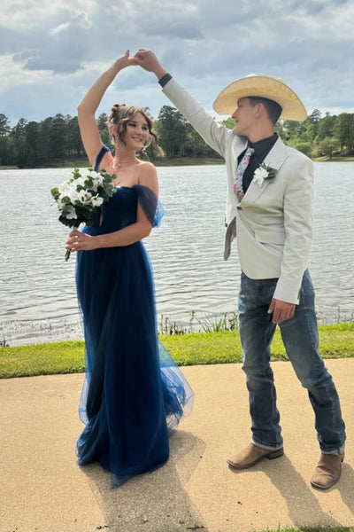 Simple Off the Shoulder Blue Tulle Long Prom Dress, Off Shoulder Blue Formal Dress, Blue Evening Dress A2469