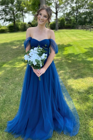 Simple Off the Shoulder Blue Tulle Long Prom Dress, Off Shoulder Blue Formal Dress, Blue Evening Dress A2469