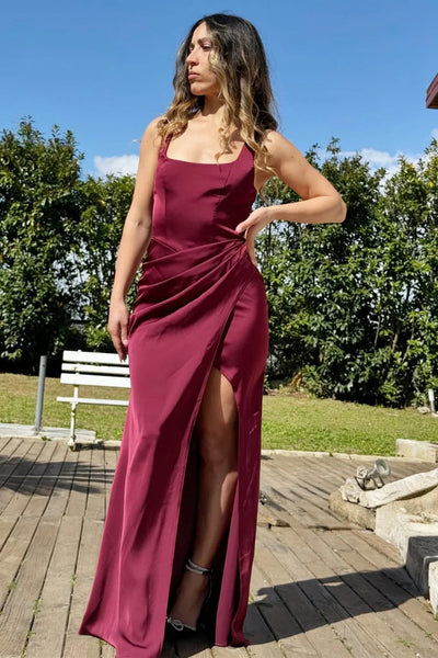 Simple Open Back Mermaid Burgundy Satin Long Prom Dress with High Slit, Mermaid Burgundy Formal Graduation Evening Dress A2394
