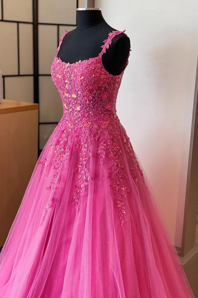 Simple Pink Lace Floral Long Prom Dress, Pink Formal Dress with Lace Appliques, Pink Evening Dress A2043