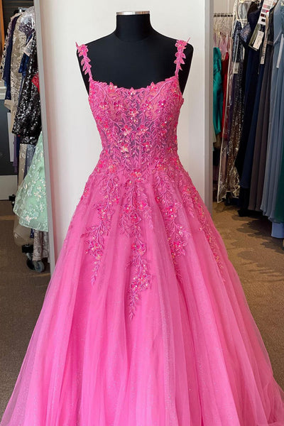 Simple Pink Lace Floral Long Prom Dress, Pink Formal Dress with Lace Appliques, Pink Evening Dress A2043