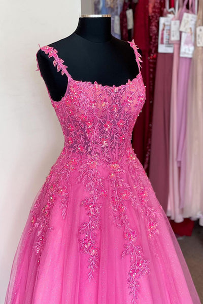 Simple Pink Lace Floral Long Prom Dress, Pink Formal Dress with Lace Appliques, Pink Evening Dress A2043
