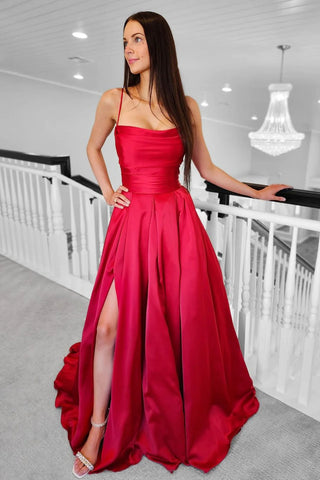 Simple Red Satin Long Prom Dress with Leg Slit, Long Red Formal Graduation Evening Dress A2106