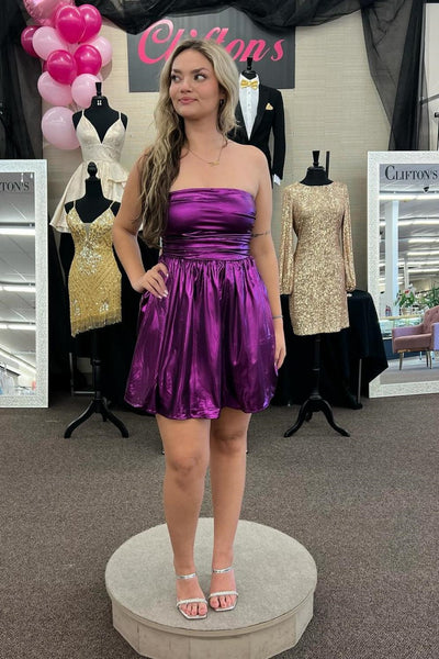 Simple Strapless Purple Satin Short Prom Dress, Purple Formal Graduation Evening Dress, Homecoming Dress A2430
