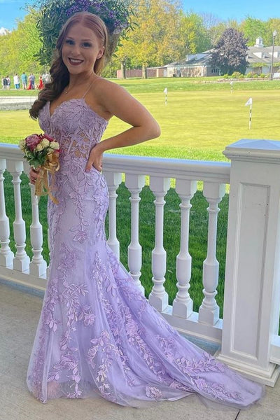 Spaghetti Straps Mermaid Lilac Lace Long Prom Dress with Train, Purple Lace Formal Dress, Lilac Evening Dress A2100