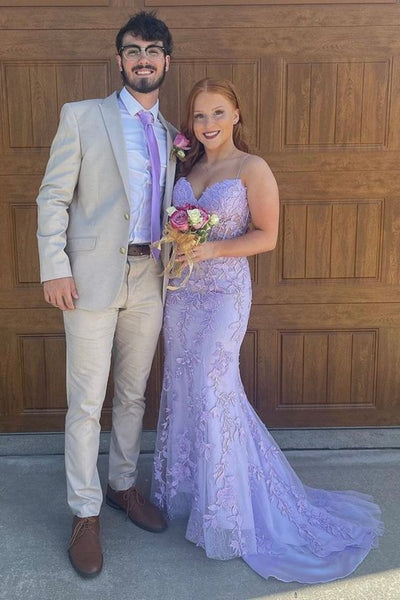 Spaghetti Straps Mermaid Lilac Lace Long Prom Dress with Train, Purple Lace Formal Dress, Lilac Evening Dress A2100