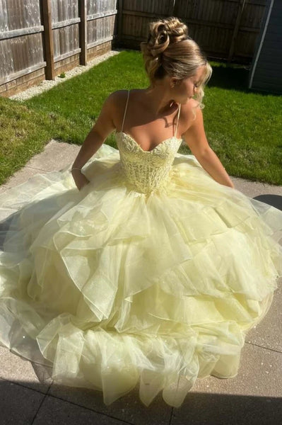 Spaghetti Straps Yellow Lace Long Prom Dress, Fluffy Yellow Lace Formal Evening Dress, Yellow Ball Gown A2599