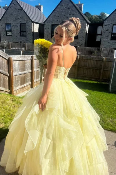 Spaghetti Straps Yellow Lace Long Prom Dress, Fluffy Yellow Lace Formal Evening Dress, Yellow Ball Gown A2599