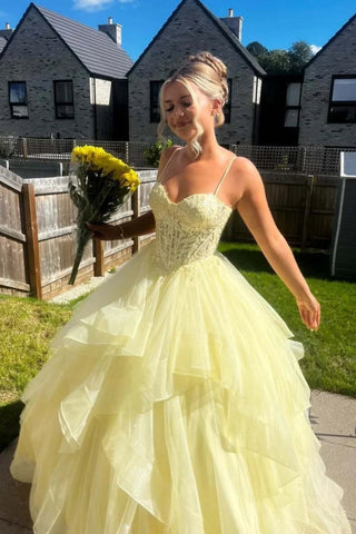 Spaghetti Straps Yellow Lace Long Prom Dress, Fluffy Yellow Lace Formal Evening Dress, Yellow Ball Gown A2599