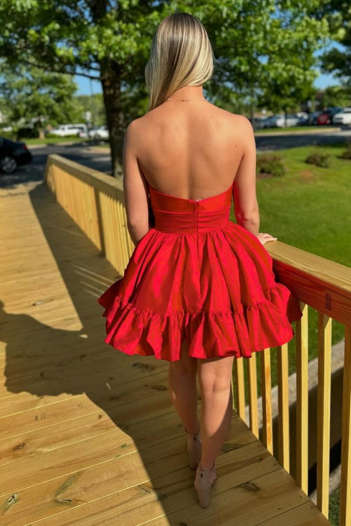 Strapless A Line Red Satin Short Prom Dress with Bow, Short Red Homeco abcprom Strapless A Line Red Satin Short Prom Dress with Bow, Short Red Homeco abcprom