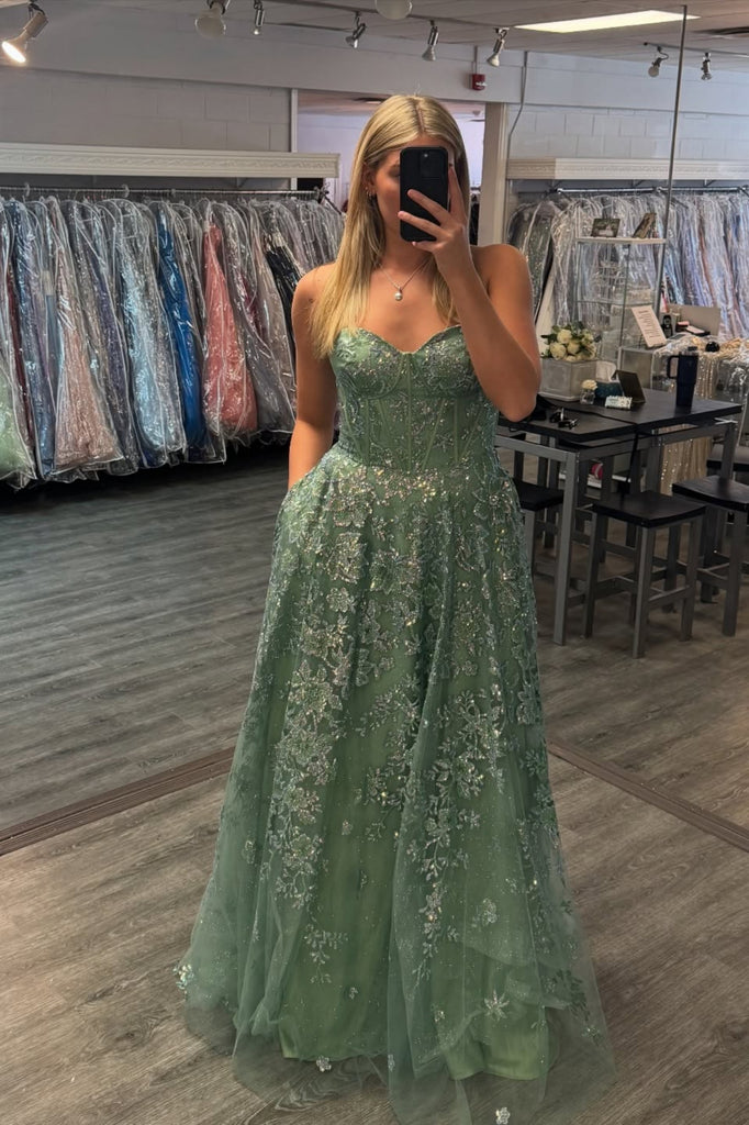 Strapless A Line Sage Lace Long Prom Dress, Sage Lace Formal Graduation Evening Dress A2497