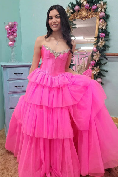 Strapless Beaded Layered Hot Pink Long Prom Dress with High Slit, Long Hot Pink Tulle Formal Evening Dress A2053