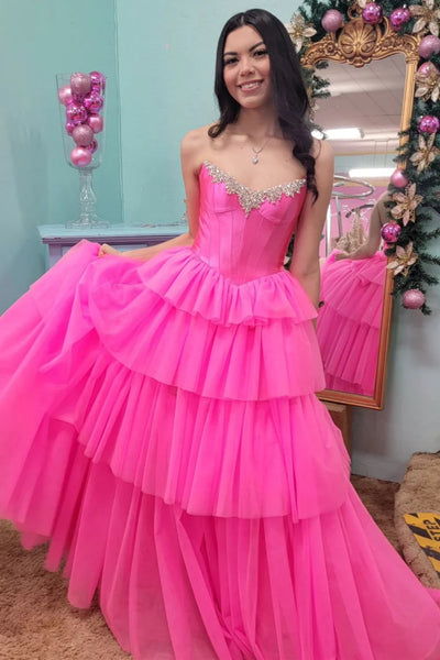 Strapless Beaded Layered Hot Pink Long Prom Dress with High Slit, Long Hot Pink Tulle Formal Evening Dress A2053