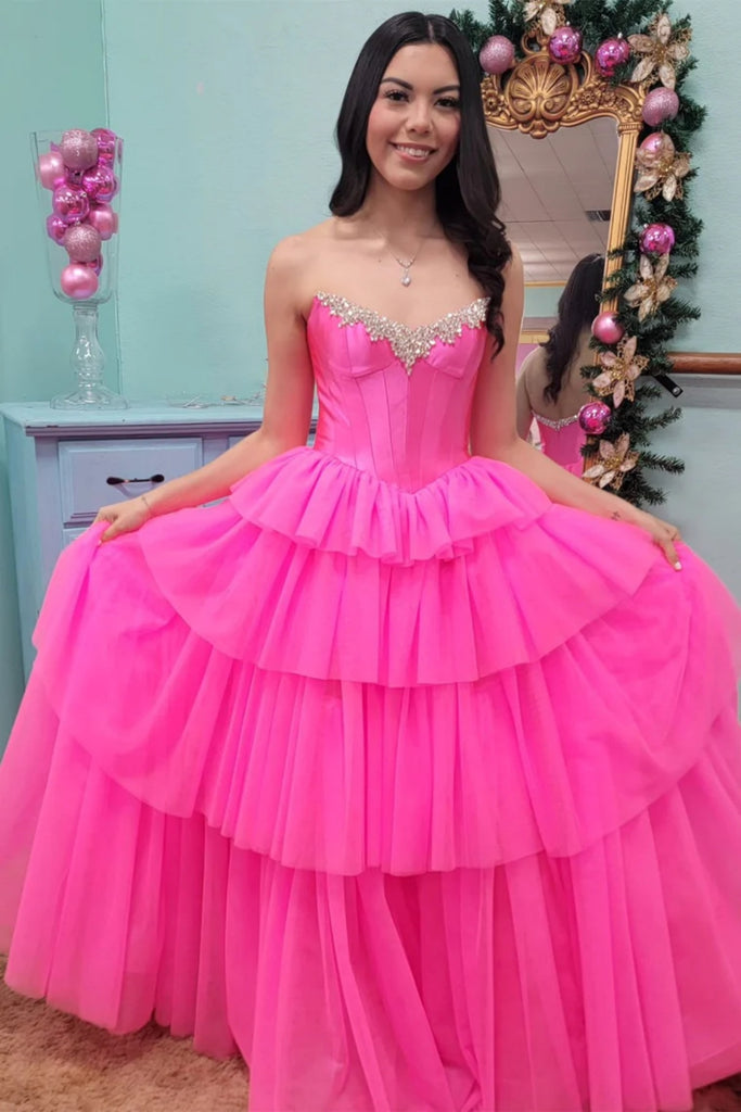 Strapless Beaded Layered Hot Pink Long Prom Dress with High Slit, Long abcprom Strapless Beaded Layered Hot Pink Long Prom Dress with High Slit, Long abcprom
