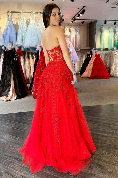 Strapless Beaded Red Lace Long Prom Dress, Red Lace Formal Dress, Long Red Evening Dress A1977