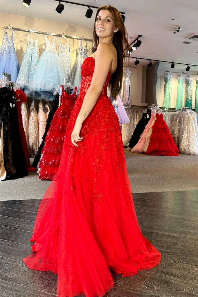 Strapless Beaded Red Lace Long Prom Dress, Red Lace Formal Dress, Long abcprom Strapless Beaded Red Lace Long Prom Dress, Red Lace Formal Dress, Long abcprom