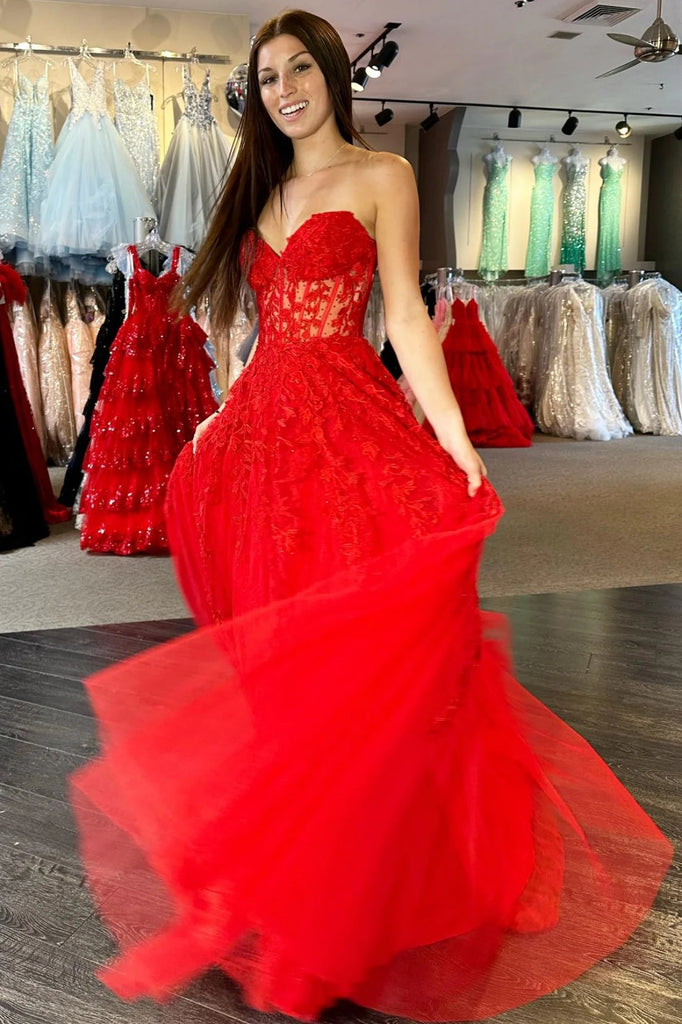 Strapless Beaded Red Lace Long Prom Dress, Red Lace Formal Dress, Long