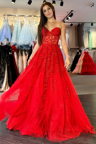 Strapless Beaded Red Lace Long Prom Dress, Red Lace Formal Dress, Long Red Evening Dress A1977