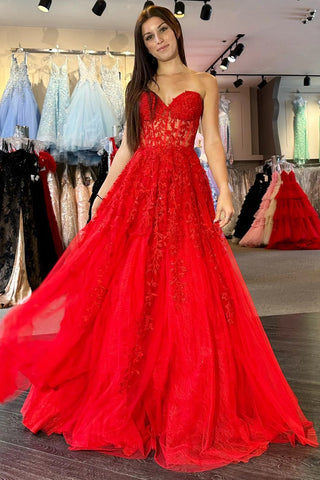 Strapless Beaded Red Lace Long Prom Dress, Red Lace Formal Dress, Long – abcprom