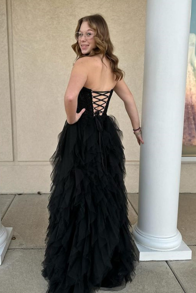 Strapless Black Lace Long Prom Dress with High Slit, Black Lace Formal