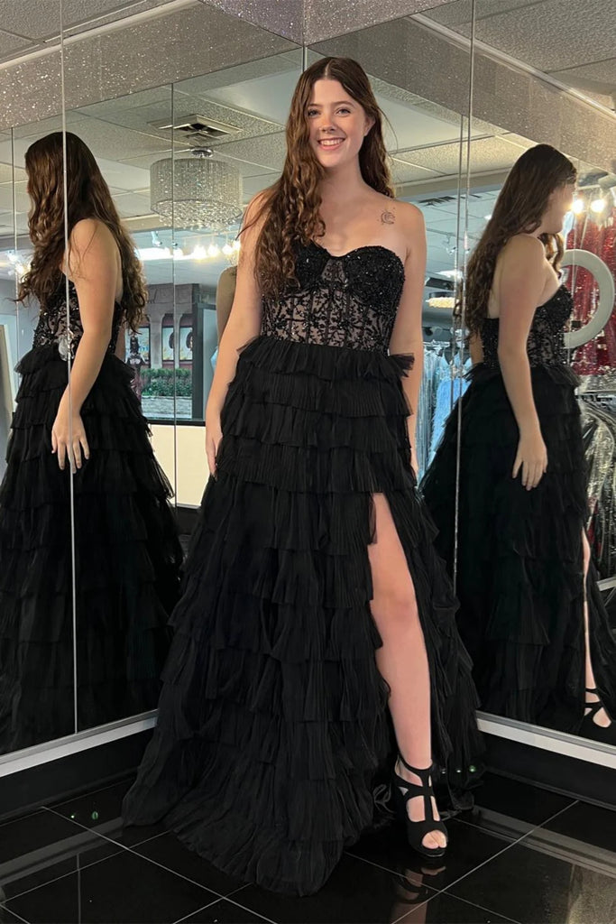 Strapless Black Lace Long Prom Dress with High Slit, Black Lace Formal Dress, Black Evening Dress A1931