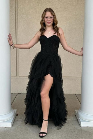 Strapless Black Lace Long Prom Dress with High Slit, Black Lace Formal Dress, Black Evening Dress A2124